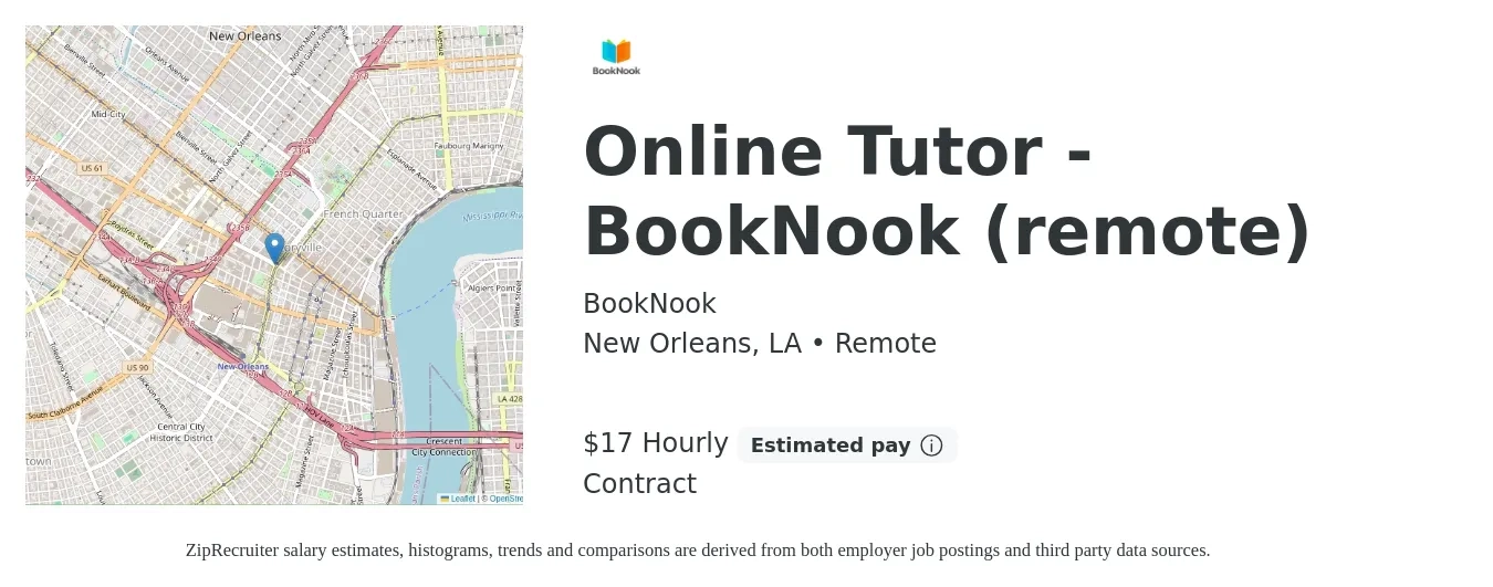 BookNook job posting for a Online Tutor - BookNook (remote) in New Orleans, LA with a salary of $18 Hourly with a map of New Orleans location.