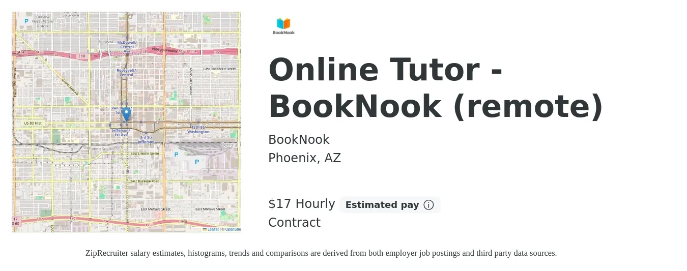 BookNook job posting for a Online Tutor - BookNook (remote) in Phoenix, AZ with a salary of $18 Hourly with a map of Phoenix location.