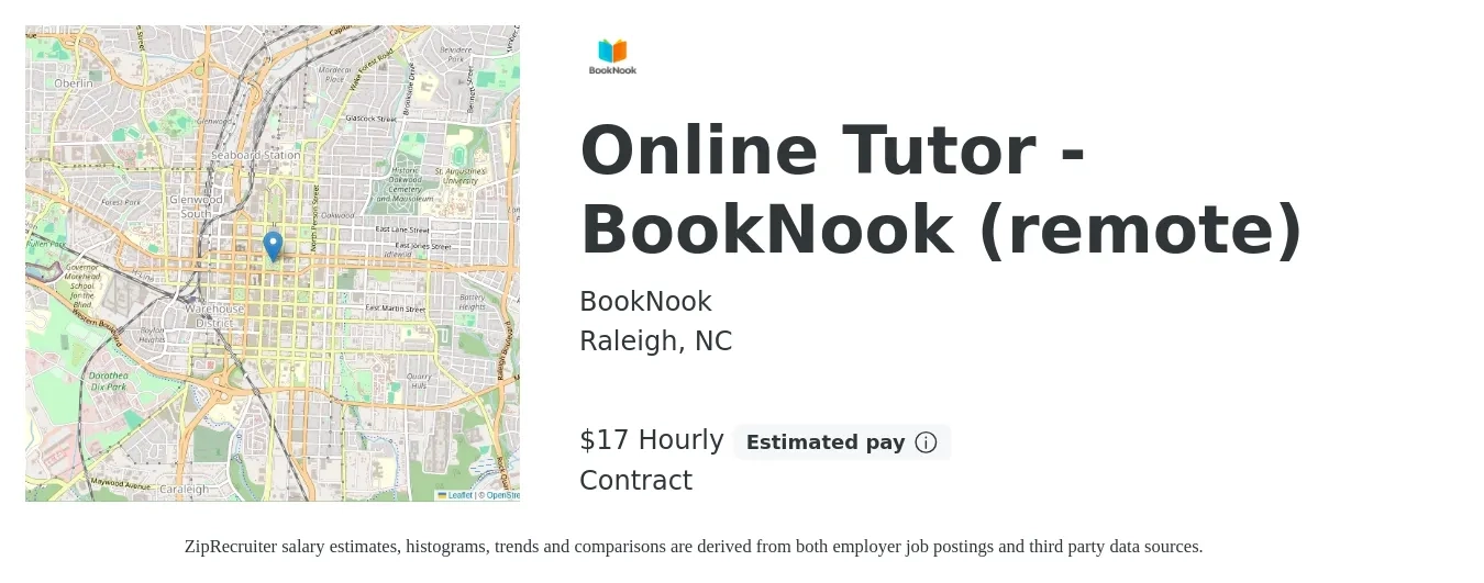 BookNook job posting for a Online Tutor - BookNook (remote) in Raleigh, NC with a salary of $18 Hourly with a map of Raleigh location.