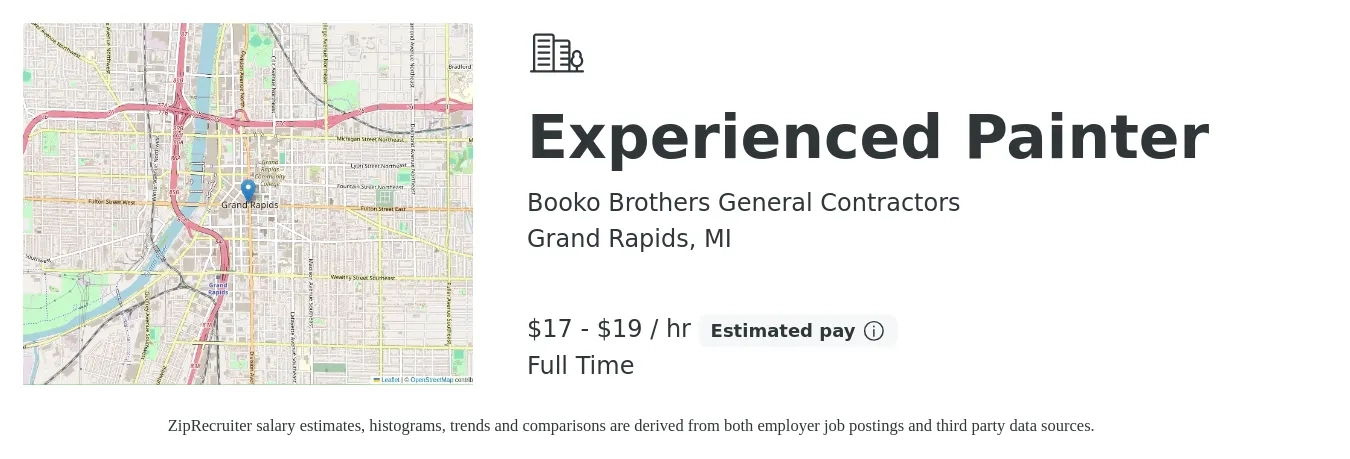 Booko Brothers General Contractors job posting for a Experienced Painter in Grand Rapids, MI with a salary of $18 to $20 Hourly with a map of Grand Rapids location.