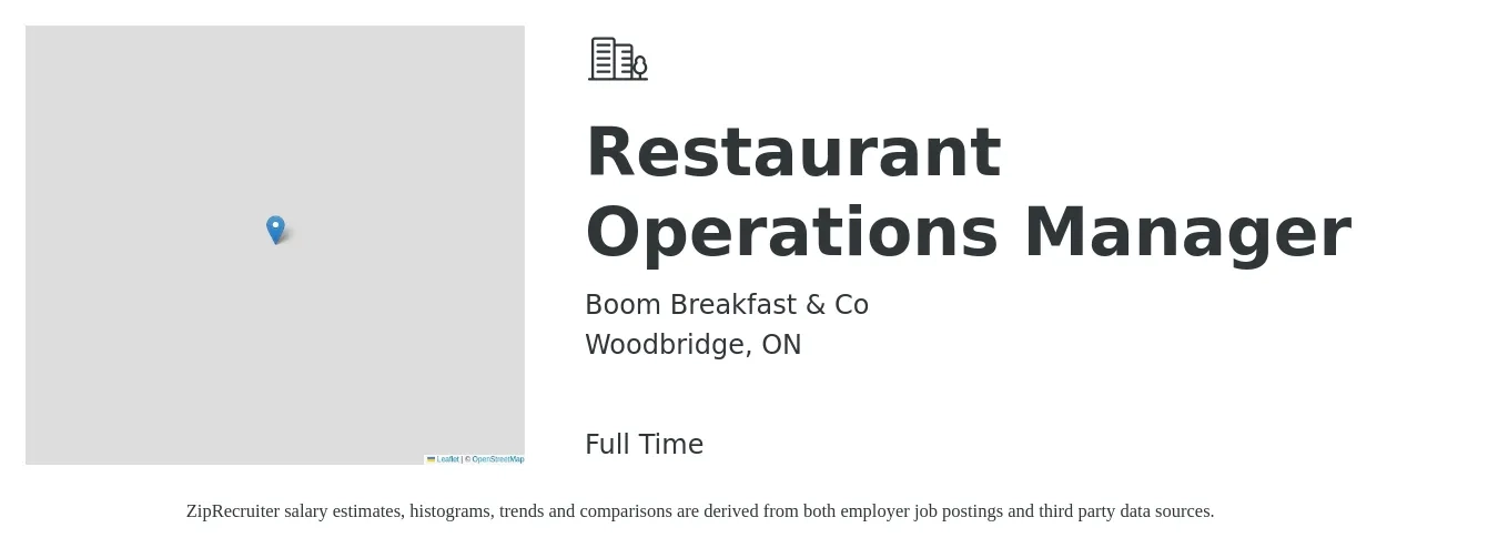 Boom Breakfast & Co job posting for a Restaurant Operations Manager in Woodbridge, ON with a map of Woodbridge location.