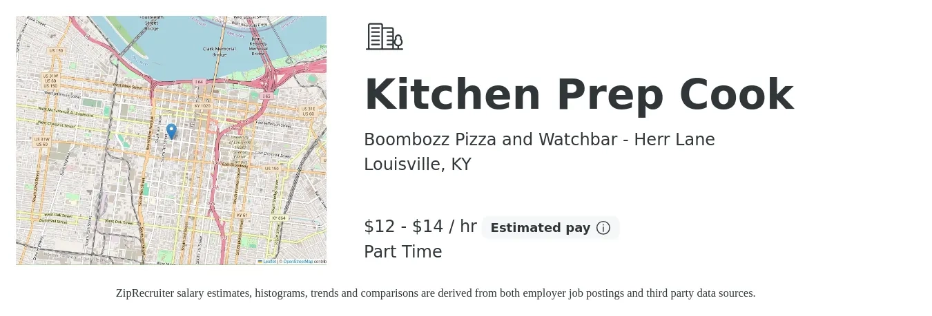 Boombozz Pizza and Watchbar - Herr Lane job posting for a Kitchen Prep Cook in Louisville, KY with a salary of $16 to $20 Hourly with a map of Louisville location.