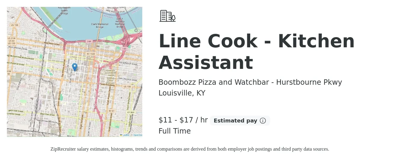 Boombozz Pizza and Watchbar - Hurstbourne Pkwy job posting for a Line Cook - Kitchen Assistant in Louisville, KY with a salary of $12 to $18 Hourly with a map of Louisville location.
