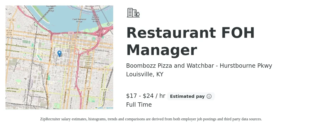 Boombozz Pizza and Watchbar - Hurstbourne Pkwy job posting for a Restaurant FOH Manager in Louisville, KY with a salary of $18 to $25 Hourly with a map of Louisville location.