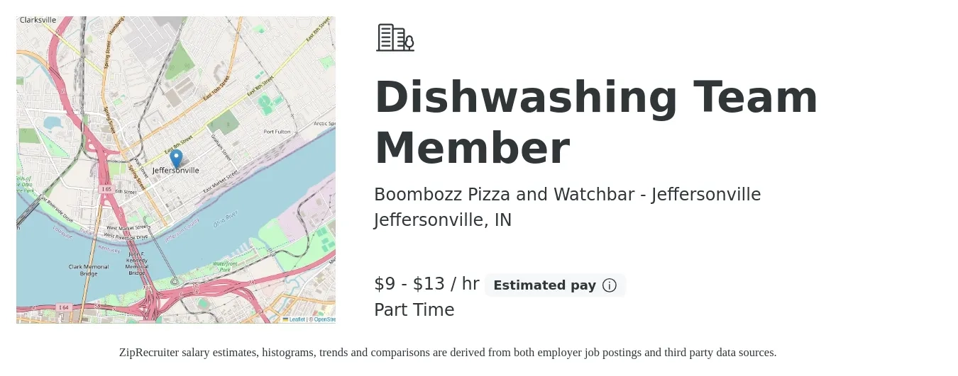 Boombozz Pizza and Watchbar - Jeffersonville job posting for a Dishwashing Team Member in Jeffersonville, IN with a salary of $10 to $14 Hourly with a map of Jeffersonville location.