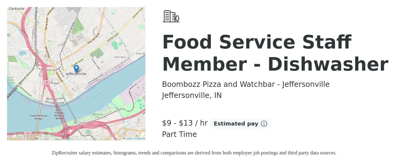 Boombozz Pizza and Watchbar - Jeffersonville job posting for a Food Service Staff Member - Dishwasher in Jeffersonville, IN with a salary of $10 to $14 Hourly with a map of Jeffersonville location.