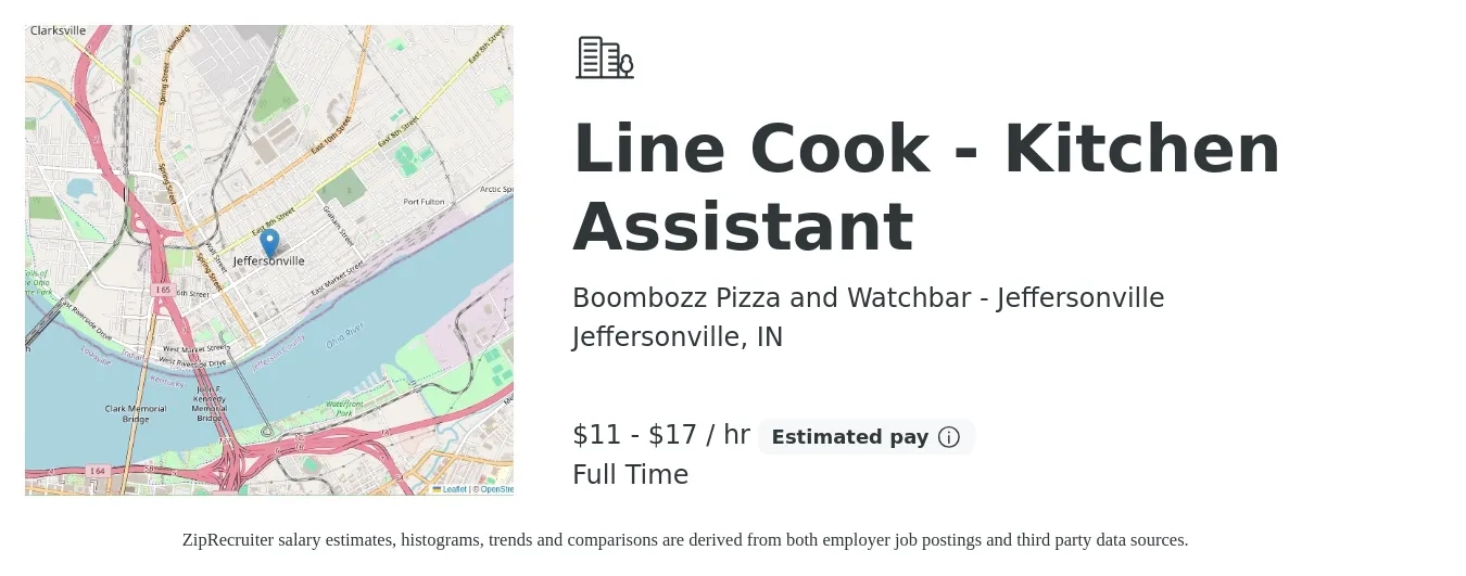 Boombozz Pizza and Watchbar - Jeffersonville job posting for a Line Cook - Kitchen Assistant in Jeffersonville, IN with a salary of $12 to $18 Hourly with a map of Jeffersonville location.