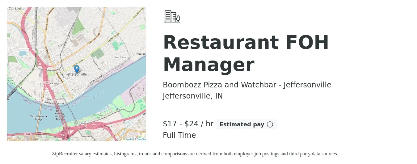 Boombozz Pizza and Watchbar - Jeffersonville job posting for a Restaurant FOH Manager in Jeffersonville, IN with a salary of $18 to $25 Hourly with a map of Jeffersonville location.