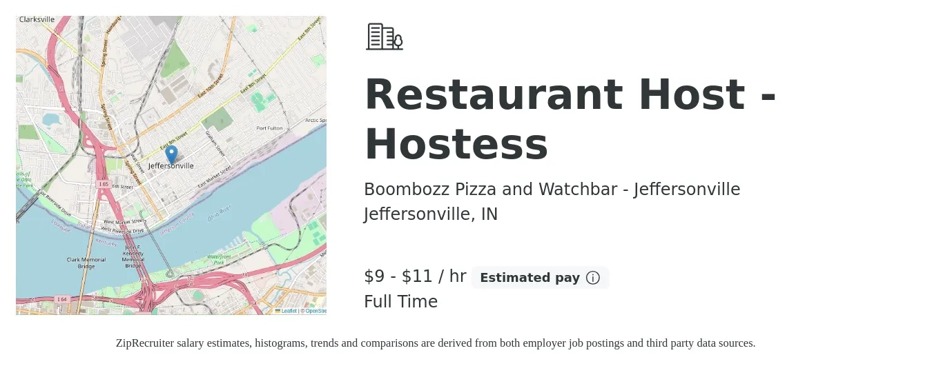 Boombozz Pizza and Watchbar - Jeffersonville job posting for a Restaurant Host - Hostess in Jeffersonville, IN with a salary of $10 to $12 Hourly with a map of Jeffersonville location.