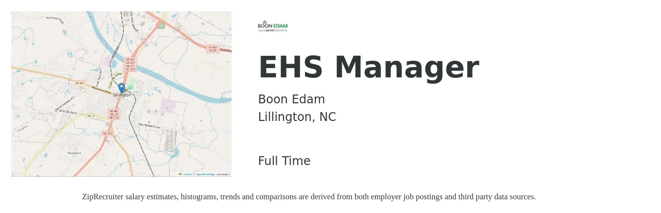 Boon Edam job posting for a EHS Manager in Lillington, NC with a salary of $69,600 to $94,400 Yearly with a map of Lillington location.