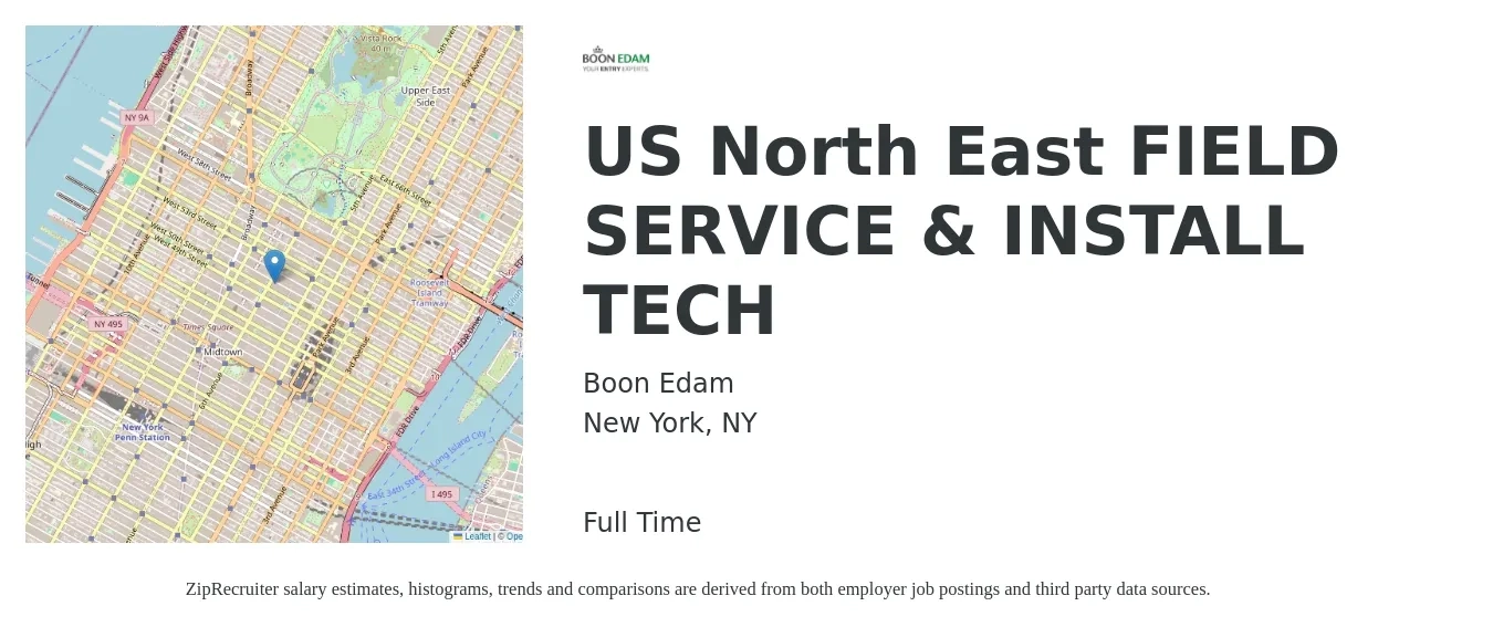 Boon Edam job posting for a US North East FIELD SERVICE & INSTALL TECH in New York, NY with a salary of $21 to $31 Hourly with a map of New York location.
