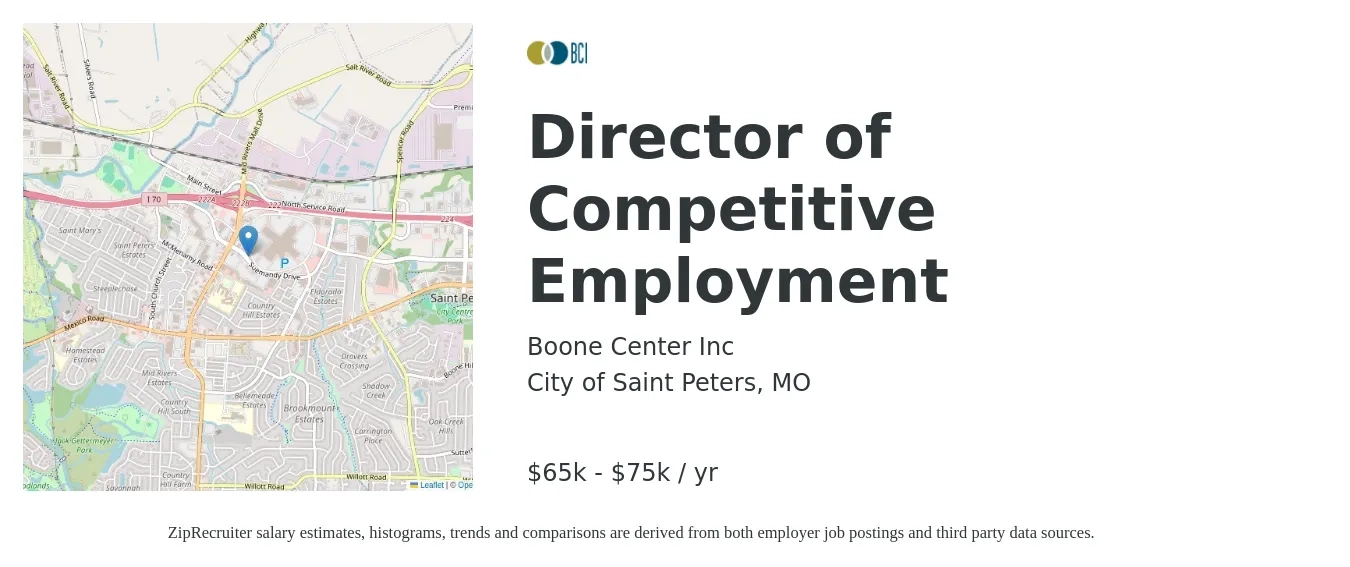 Boone Center Inc job posting for a Director of Competitive Employment in City of Saint Peters, MO with a salary of $65,000 to $75,000 Yearly with a map of City of Saint Peters location.