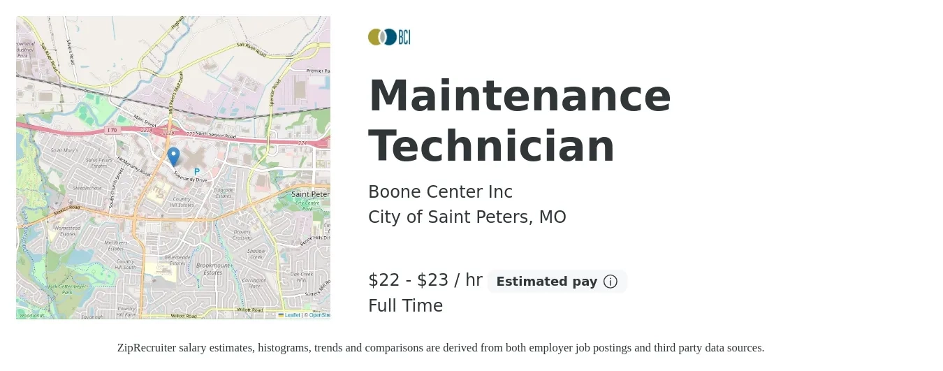 Boone Center Inc job posting for a Maintenance Technician in City of Saint Peters, MO with a salary of $23 to $24 Hourly with a map of City of Saint Peters location.