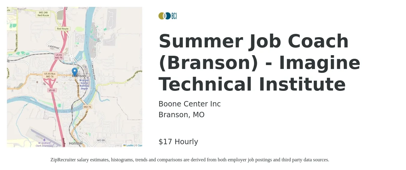 Boone Center Inc job posting for a Summer Job Coach (Branson) - Imagine Technical Institute in Branson, MO with a salary of $18 Hourly with a map of Branson location.