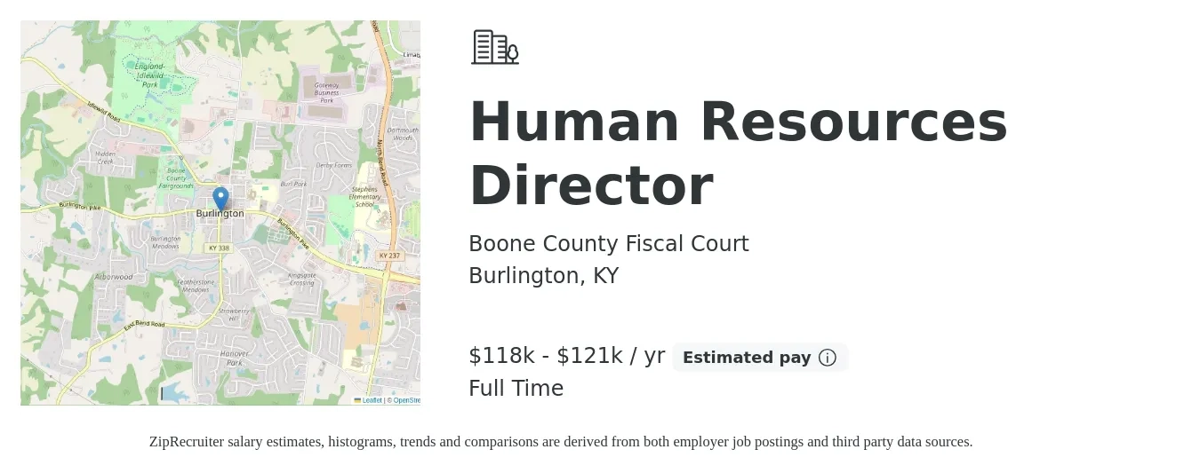 Boone County Fiscal Court job posting for a Human Resources Director in Burlington, KY with a salary of $118,000 to $121,000 Yearly with a map of Burlington location.