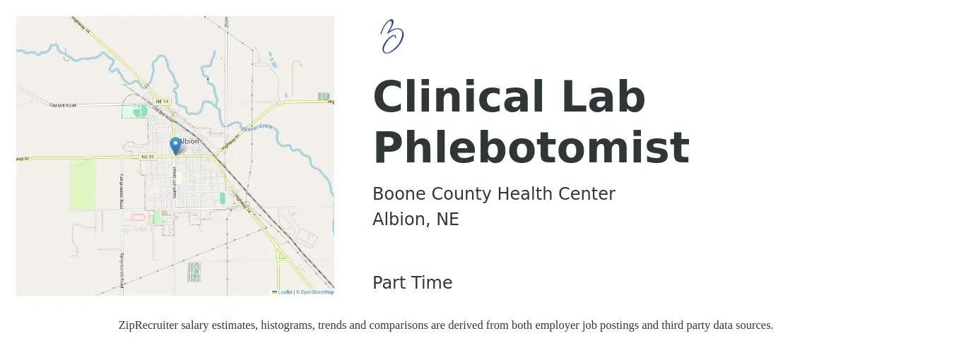 Boone County Health Center job posting for a Clinical Lab Phlebotomist in Albion, NE with a salary of $15 to $24 Hourly with a map of Albion location.