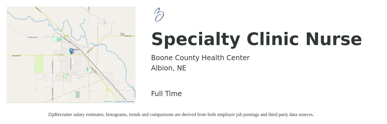 Boone County Health Center job posting for a Specialty Clinic Nurse in Albion, NE with a salary of $32 to $46 Hourly with a map of Albion location.