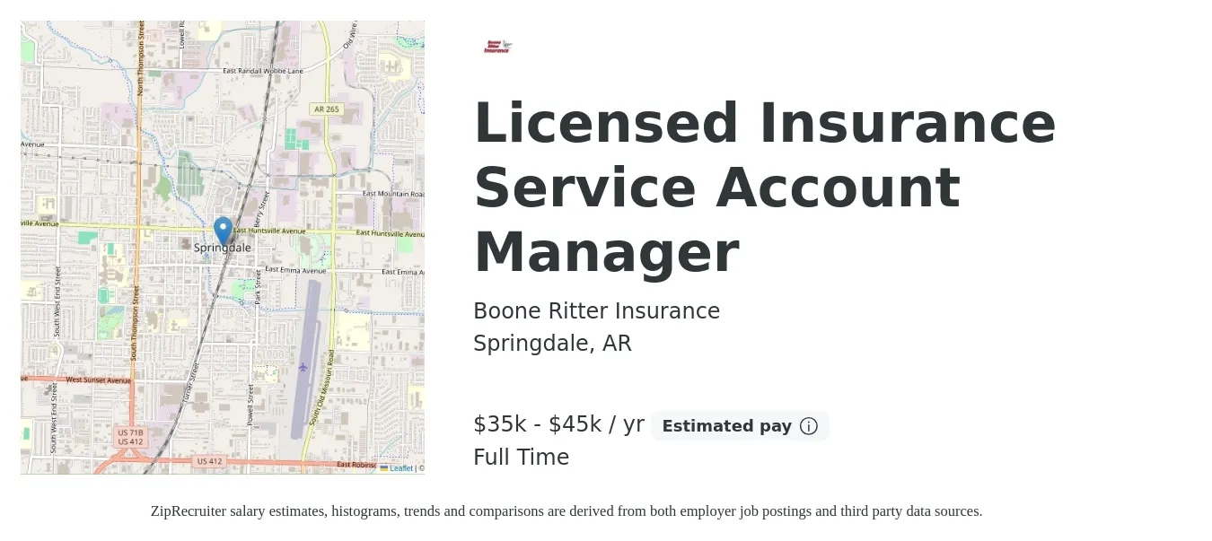 Boone Ritter Insurance job posting for a Licensed Insurance Service Account Manager in Springdale, AR with a salary of $35,000 to $45,000 Yearly with a map of Springdale location.
