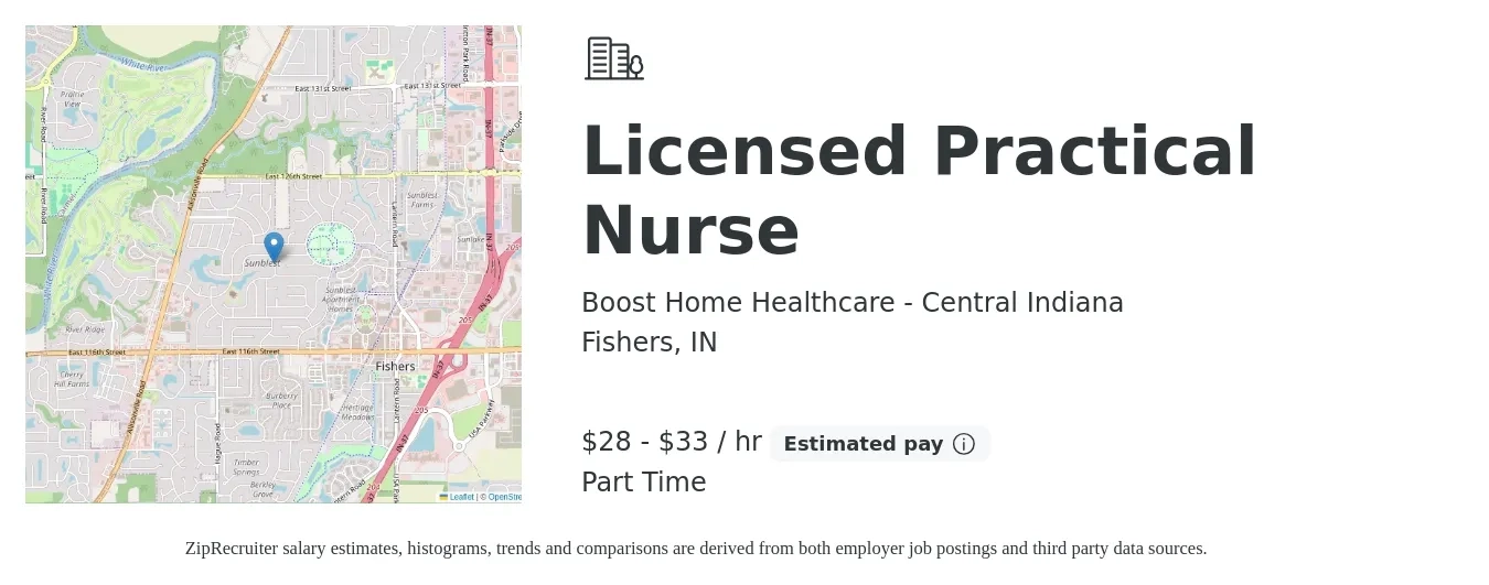 Boost Home Healthcare - Central Indiana job posting for a Licensed Practical Nurse in Fishers, IN with a salary of $30 to $35 Hourly with a map of Fishers location.