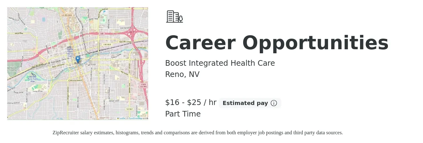 Boost Integrated Health Care job posting for a Career Opportunities in Reno, NV with a salary of $17 to $27 Hourly (plus commission) with a map of Reno location.