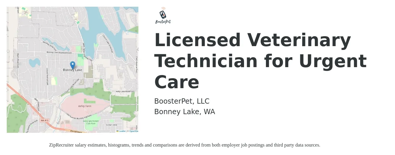 BoosterPet, LLC job posting for a Licensed Veterinary Technician for Urgent Care in Bonney Lake, WA with a salary of $30 to $35 Hourly with a map of Bonney Lake location.