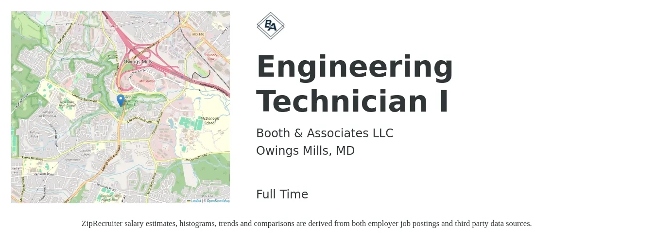Booth & Associates LLC job posting for a Engineering Technician I in Owings Mills, MD with a salary of $44,800 to $68,600 Yearly with a map of Owings Mills location.
