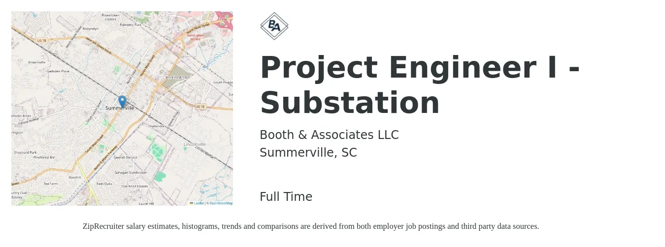Booth & Associates LLC job posting for a Project Engineer I - Substation in Summerville, SC with a salary of $88,400 to $112,600 Yearly with a map of Summerville location.