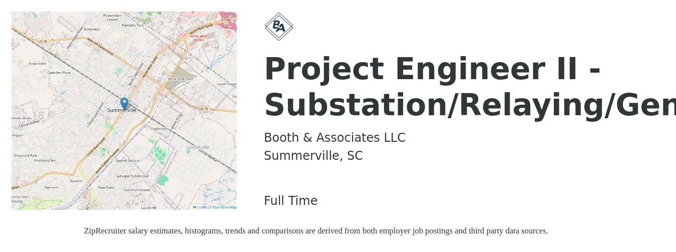 Booth & Associates LLC job posting for a Project Engineer II - Substation/Relaying/Generation in Summerville, SC with a salary of $88,400 to $112,600 Yearly with a map of Summerville location.