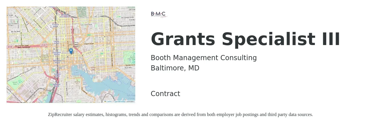 Booth Management Consulting job posting for a Grants Specialist III in Baltimore, MD with a salary of $85,000 to $90,000 Yearly with a map of Baltimore location.