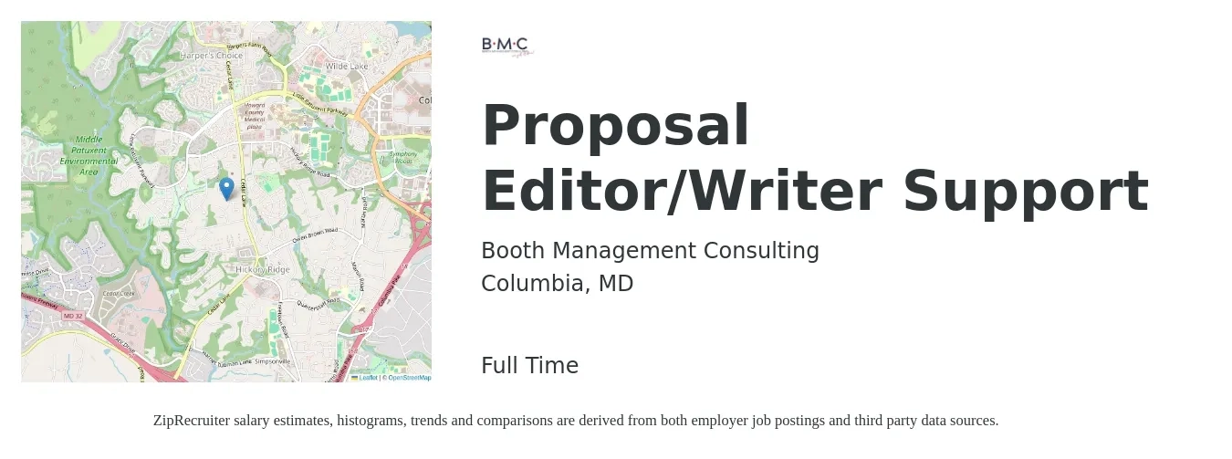 Booth Management Consulting job posting for a Proposal Editor/Writer Support in Columbia, MD with a salary of $62,500 to $89,100 Yearly with a map of Columbia location.