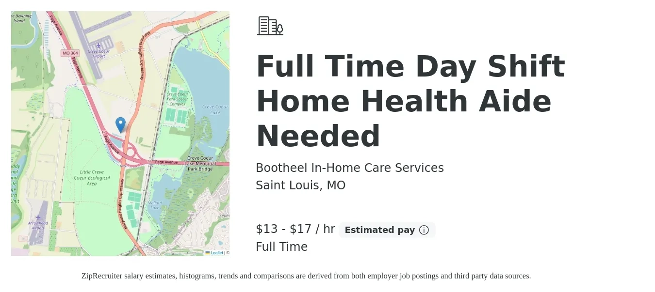 Bootheel In-Home Care Services job posting for a Full Time Day Shift Home Health Aide Needed in Saint Louis, MO with a salary of $14 to $18 Hourly with a map of Saint Louis location.