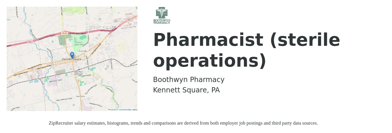 Boothwyn Pharmacy job posting for a Pharmacist (sterile operations) in Kennett Square, PA with a salary of $56 to $68 Hourly with a map of Kennett Square location.