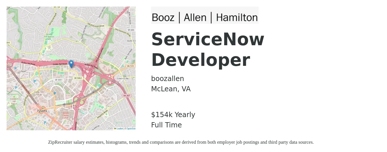 Booz Allen Hamilton, Inc. job posting for a ServiceNow Developer in McLean, VA with a salary of $54 to $75 Hourly with a map of McLean location.