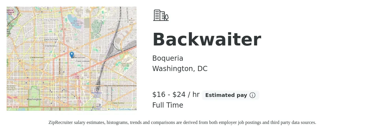 Boqueria job posting for a Backwaiter in Washington, DC with a salary of $17 to $25 Hourly with a map of Washington location.