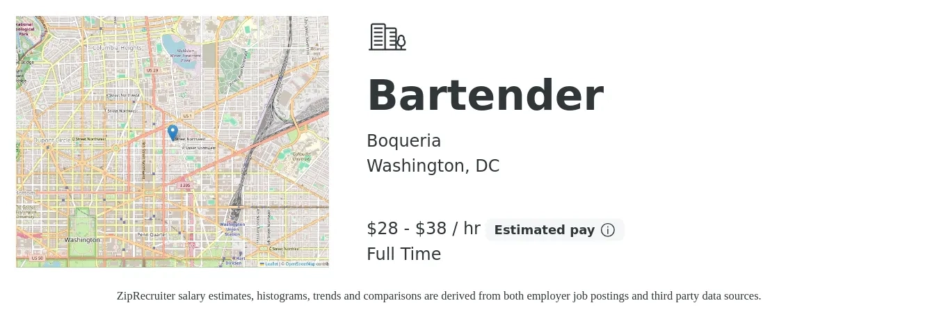 Boqueria job posting for a Bartender in Washington, DC with a salary of $30 to $40 Hourly with a map of Washington location.