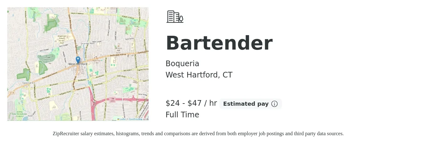 Boqueria job posting for a Bartender in West Hartford, CT with a salary of $25 to $49 Hourly with a map of West Hartford location.