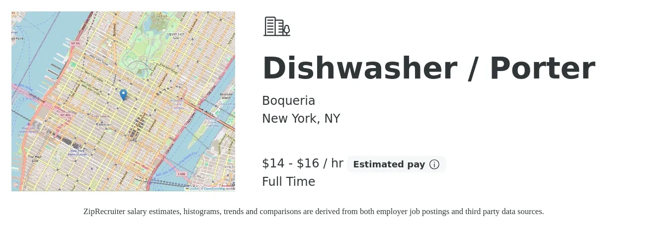 Boqueria job posting for a Dishwasher / Porter in New York, NY with a salary of $15 to $17 Hourly with a map of New York location.