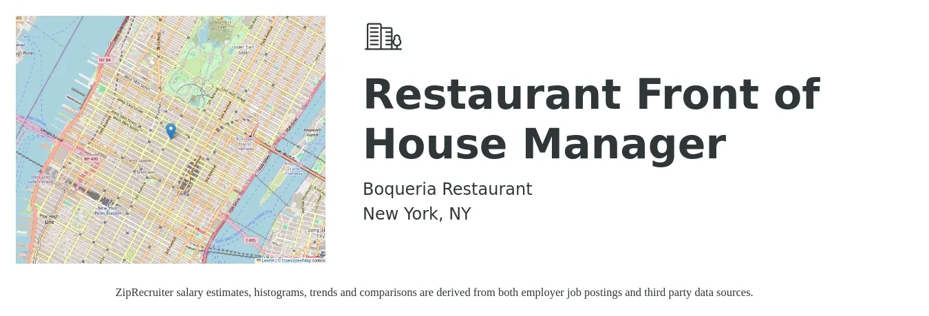 Boqueria Restaurant job posting for a Restaurant Front of House Manager in New York, NY with a salary of $17 to $31 Hourly with a map of New York location.