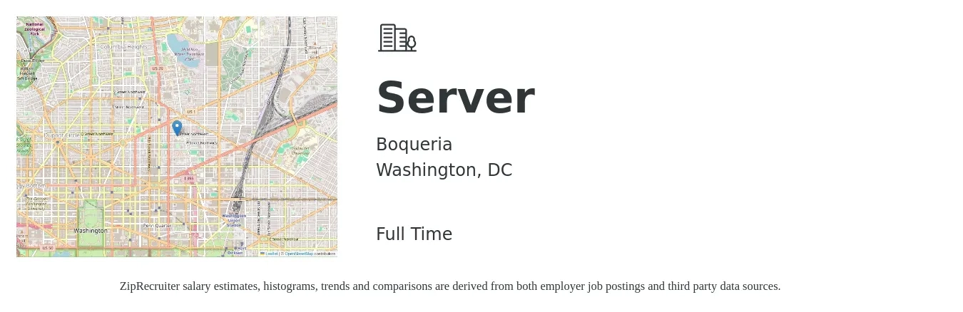 Boqueria job posting for a Server in Washington, DC with a salary of $35 to $45 Hourly with a map of Washington location.