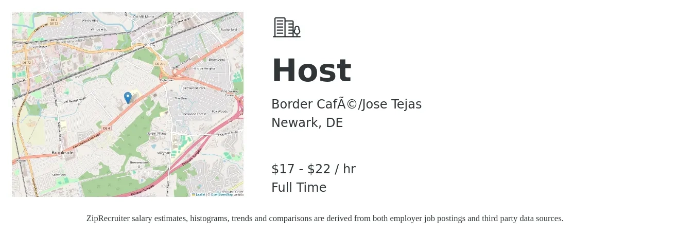 Border Café/Jose Tejas job posting for a Host in Newark, DE with a salary of $18 to $21 Hourly with a map of Newark location.