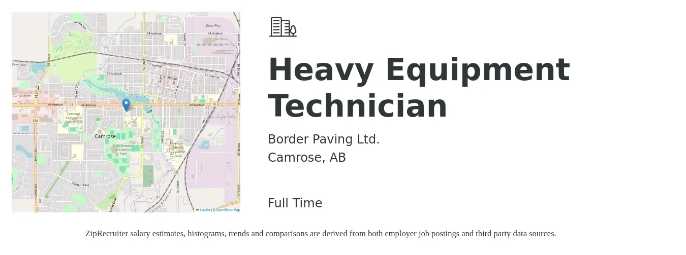 Border Paving Ltd. job posting for a Heavy Equipment Technician in Camrose, AB with a map of Camrose location.