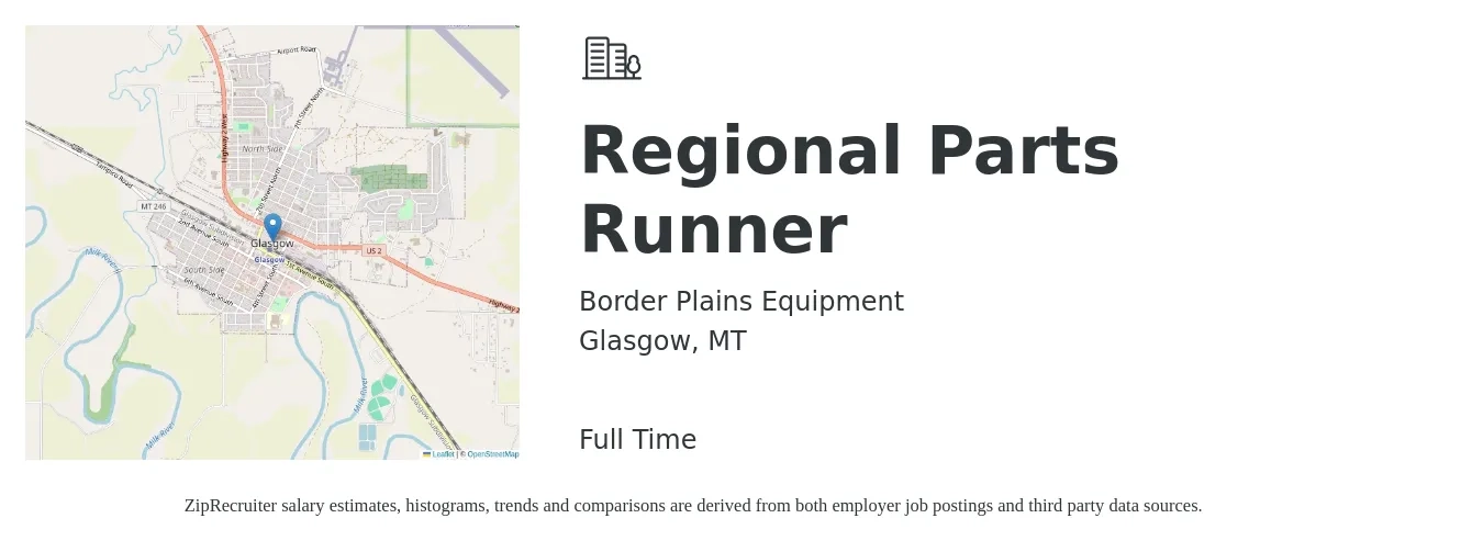 Border Plains Equipment job posting for a Regional Parts Runner in Glasgow, MT with a salary of $16 to $19 Hourly with a map of Glasgow location.