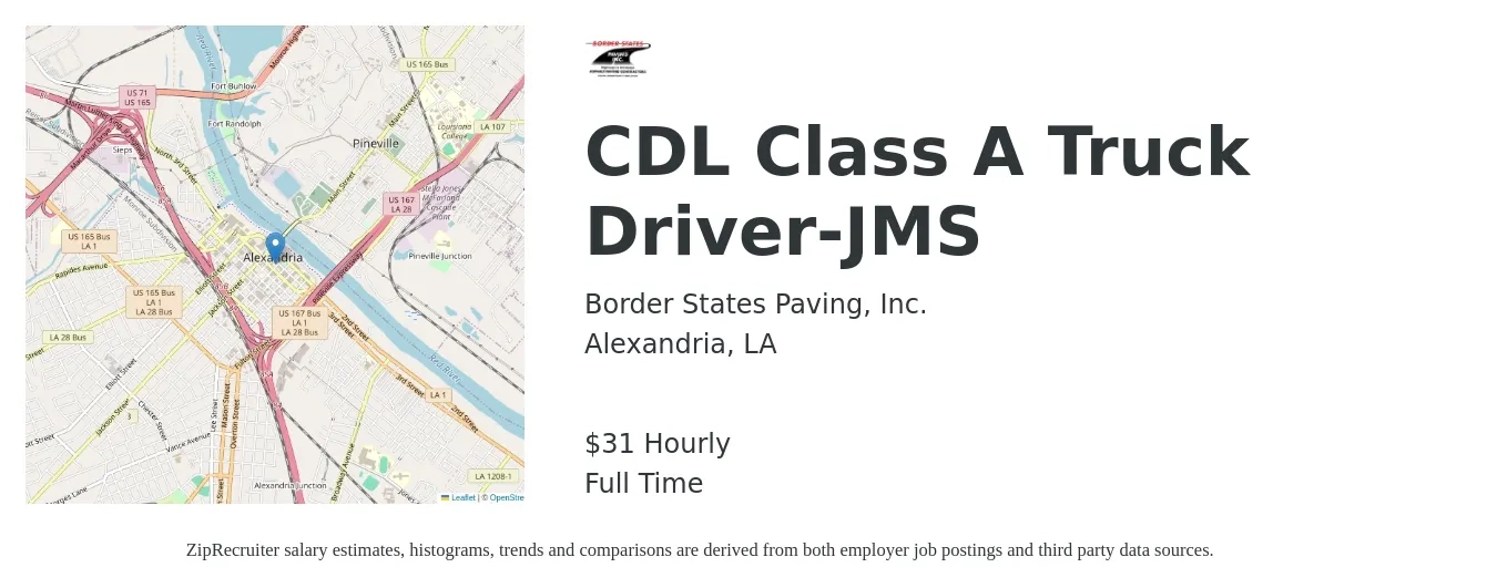 Border States Paving, Inc. job posting for a CDL Class A Truck Driver-JMS in Alexandria, LA with a salary of $32 Hourly with a map of Alexandria location.