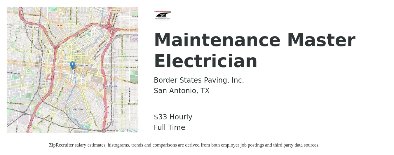 Border States Paving, Inc. job posting for a Maintenance Master Electrician in San Antonio, TX with a salary of $35 Hourly with a map of San Antonio location.