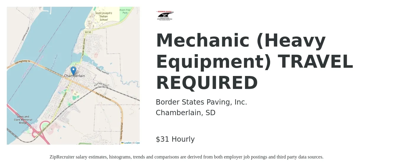 Border States Paving, Inc. job posting for a Mechanic (Heavy Equipment) TRAVEL REQUIRED in Chamberlain, SD with a salary of $32 Hourly with a map of Chamberlain location.