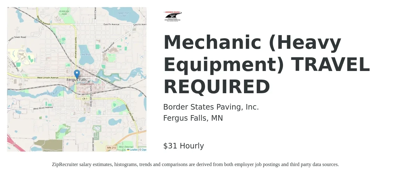 Border States Paving, Inc. job posting for a Mechanic (Heavy Equipment) TRAVEL REQUIRED in Fergus Falls, MN with a salary of $32 Hourly with a map of Fergus Falls location.