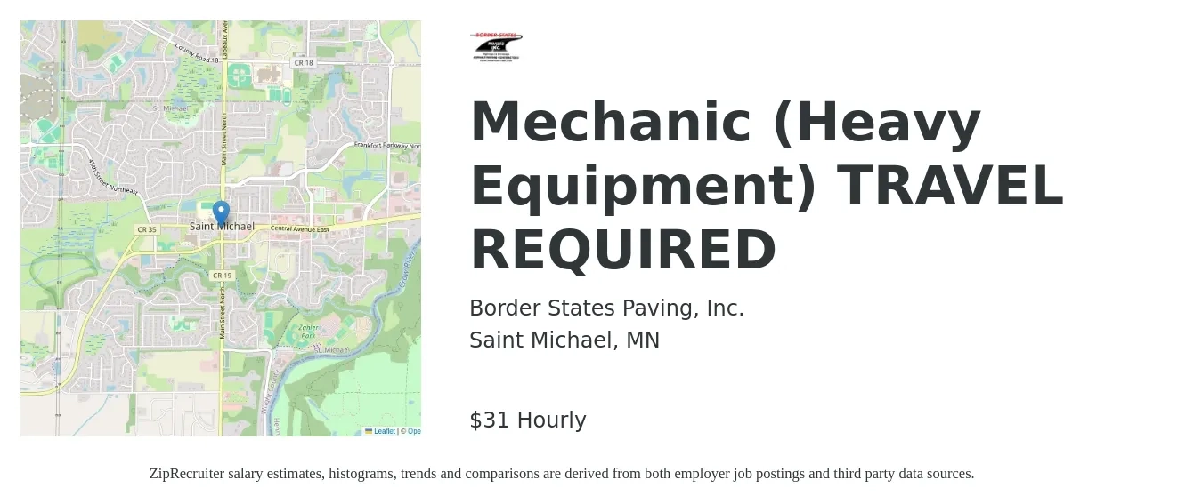 Border States Paving, Inc. job posting for a Mechanic (Heavy Equipment) TRAVEL REQUIRED in Saint Michael, MN with a salary of $32 Hourly with a map of Saint Michael location.