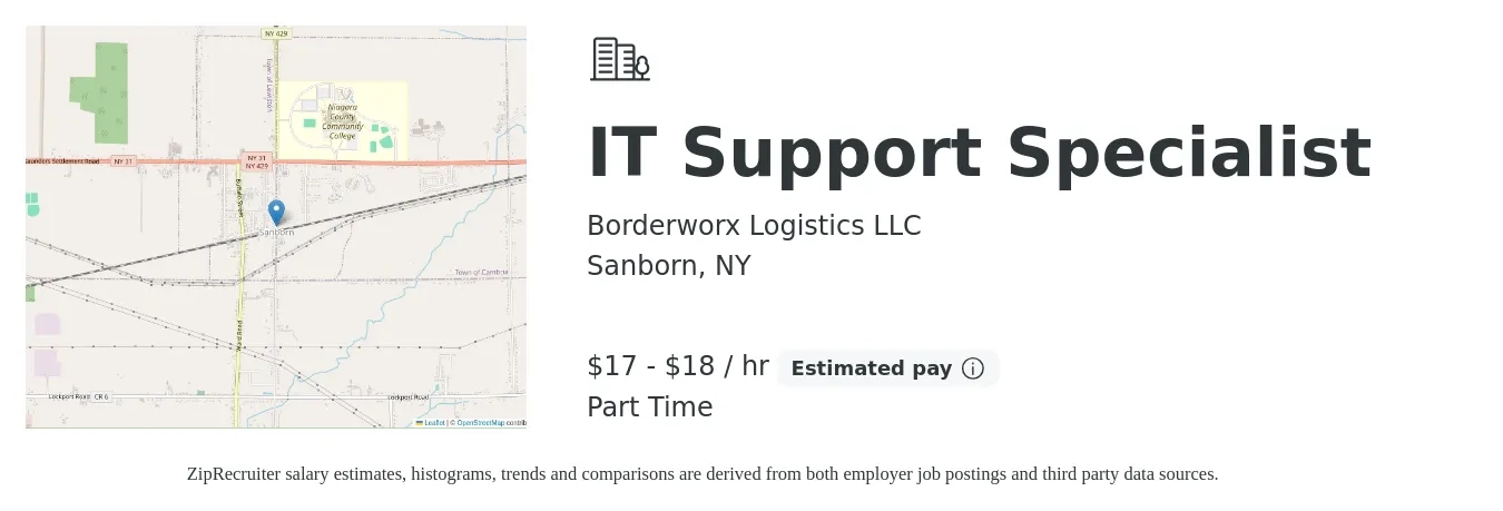 Borderworx Logistics LLC job posting for a IT Support Specialist in Sanborn, NY with a salary of $18 to $19 Hourly with a map of Sanborn location.