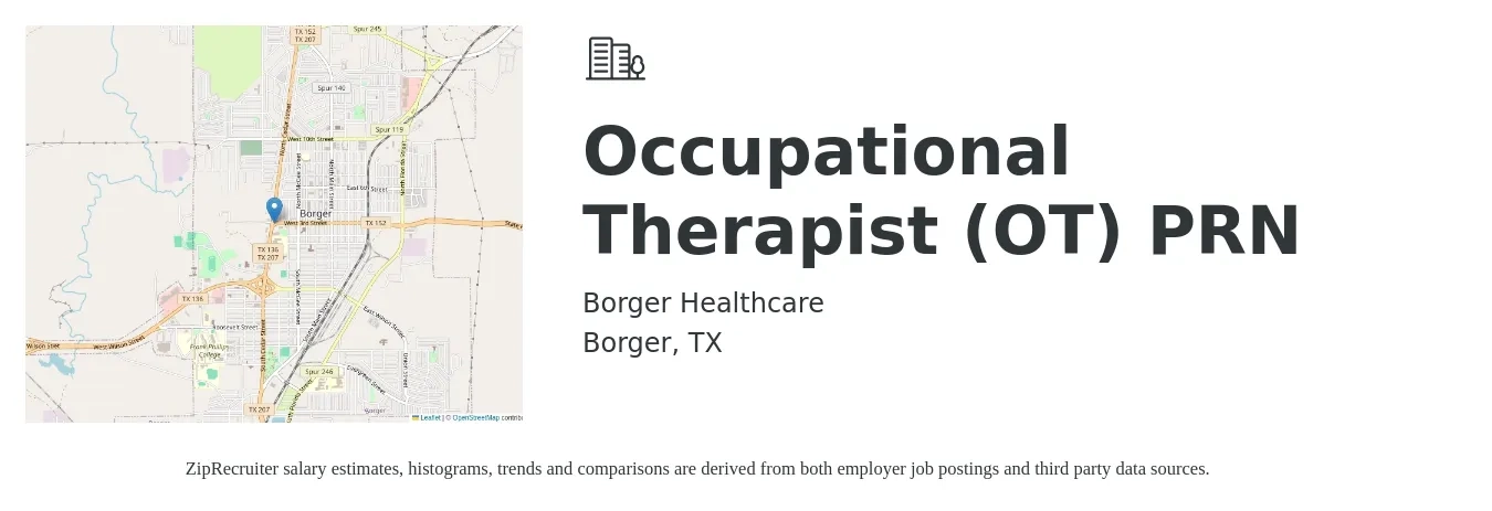 Borger Healthcare job posting for a Occupational Therapist (OT) PRN in Borger, TX with a salary of $39 to $51 Hourly with a map of Borger location.