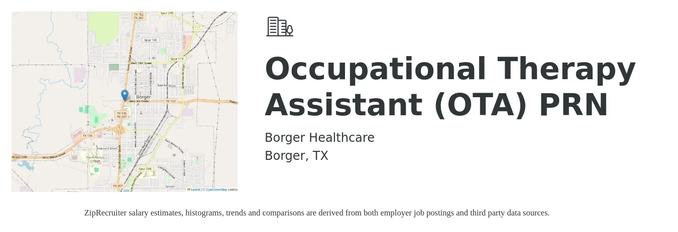 Borger Healthcare job posting for a Occupational Therapy Assistant (OTA) PRN in Borger, TX with a salary of $25 to $34 Hourly with a map of Borger location.